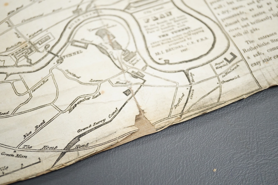 The Thames Tunnel advertising flyer showing the plans of Marc Brunel, dated 1827, the edges roughly cut and later pasted onto brown paper, 26 x 25.5cm